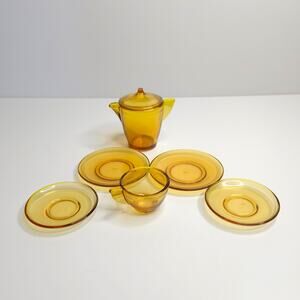 Vintage Akro Agate Child’s Tea Set Stippled Band Amber Depression Glass 6 Pieces